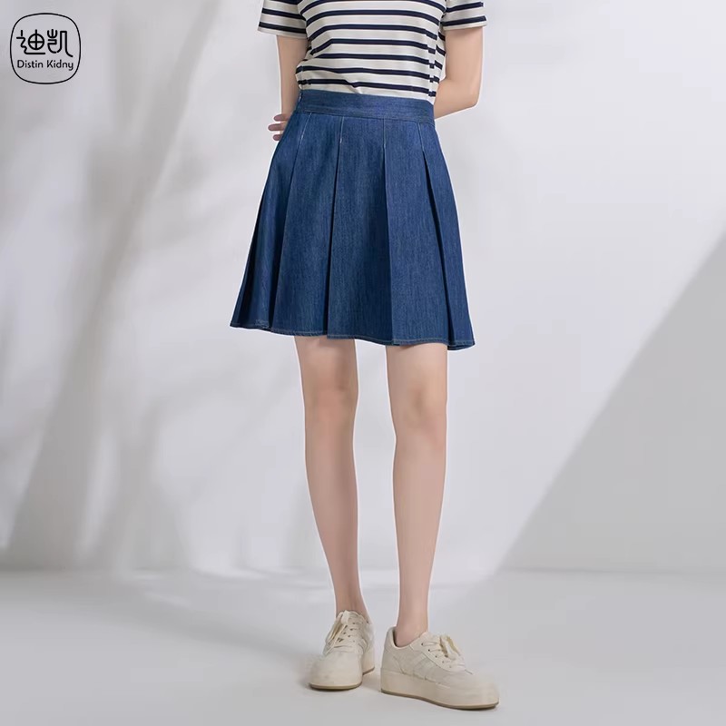 Distin Kidny/迪凯夏季学院天丝牛仔百褶短裙百搭显瘦运动半身裙