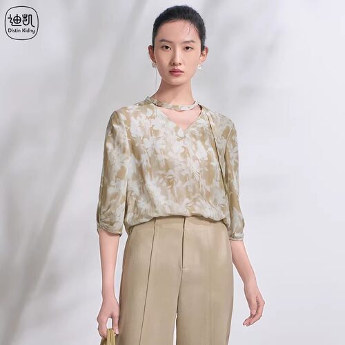 夏季轻奢桑蚕丝V领印花女衬衫