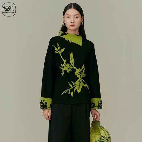 春季新中式撞色国风印花女针织衫