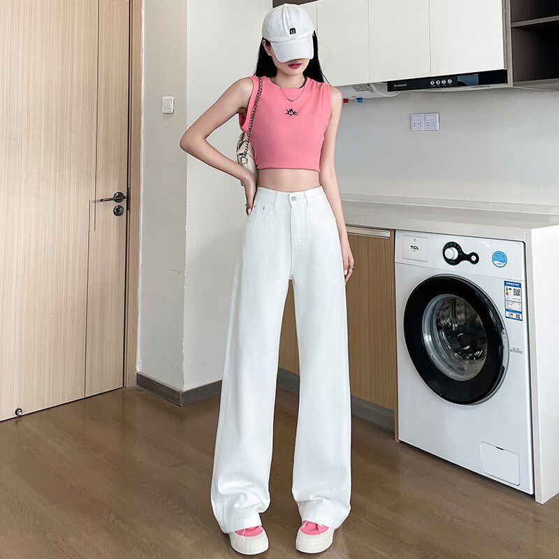白色窄版直筒牛仔裤女夏季薄款2024新款高腰宽松显瘦小个子阔腿裤