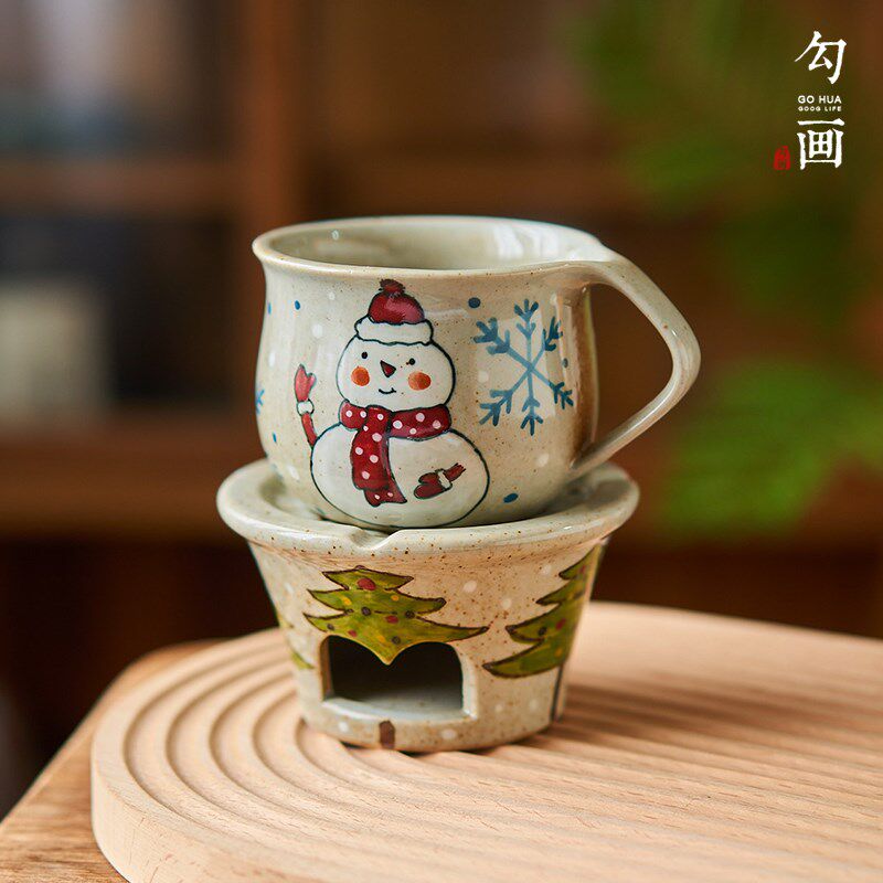 一人小型蜡烛温泡茶炉耶诞手绘雪人煮茶粗陶复古茶具咖啡杯套装礼