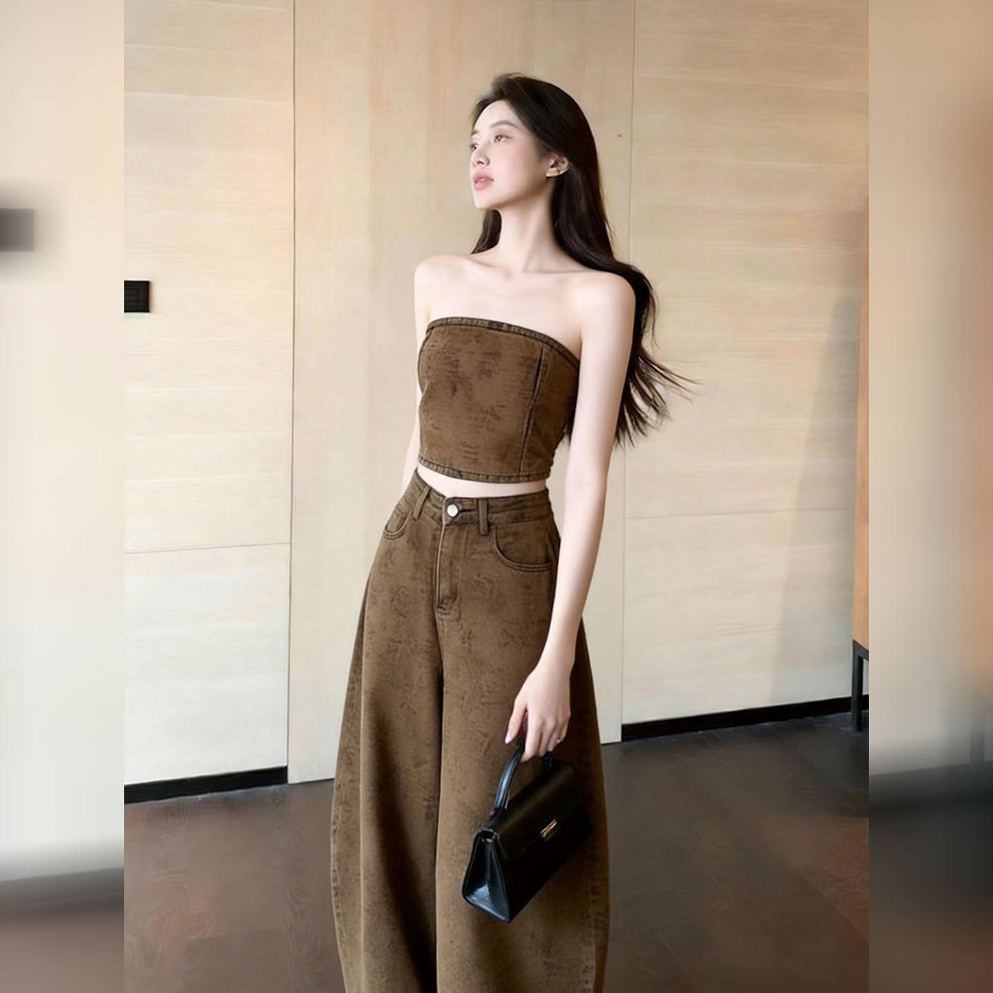 抹胸上衣阔腿牛仔裤套装女2026夏季新款显瘦宽松慵懒风时尚两件套