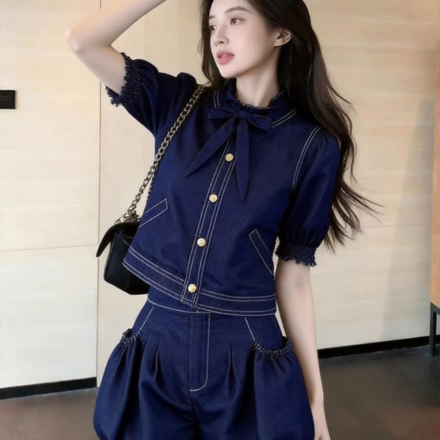 韩系chic牛仔套装女2026夏季新款小个子洋气蝴蝶结上衣短裤两件套