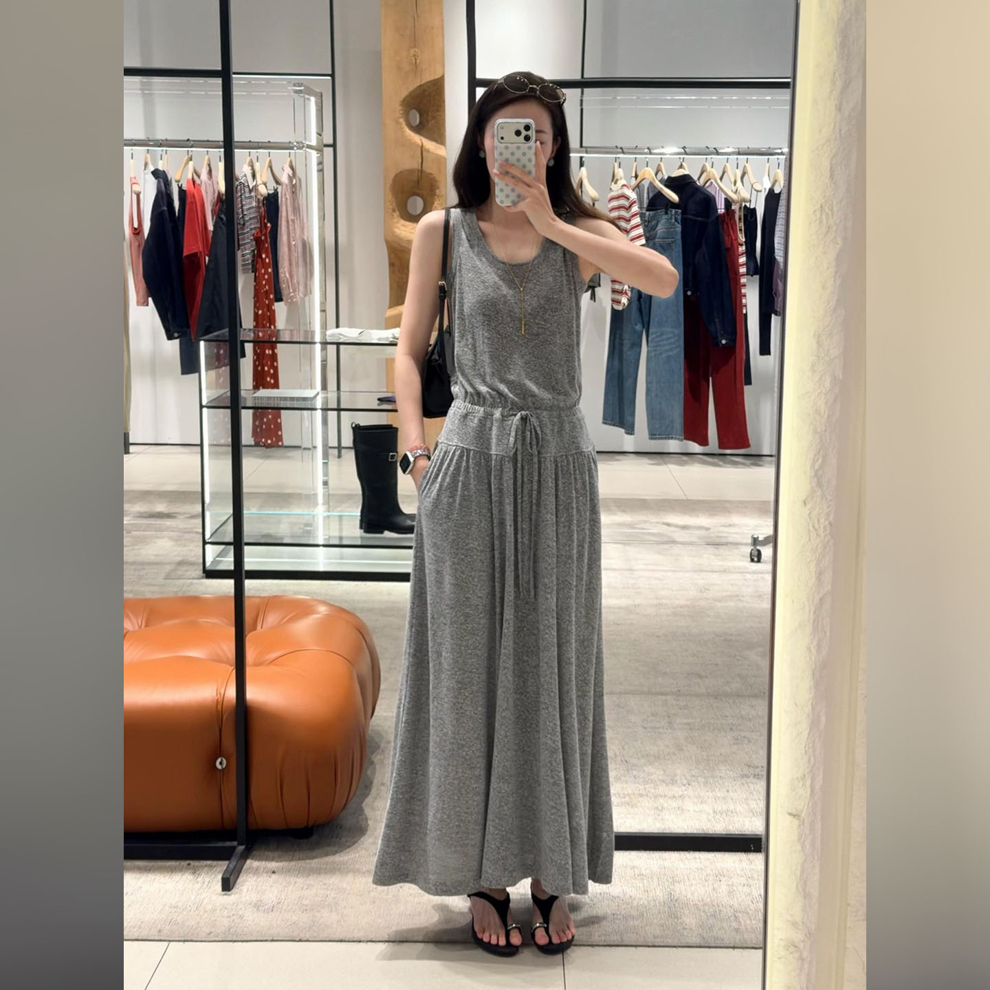 2026夏季韩系灰色无袖连衣裙女抽绳收腰长款背心裙休闲通勤裙子