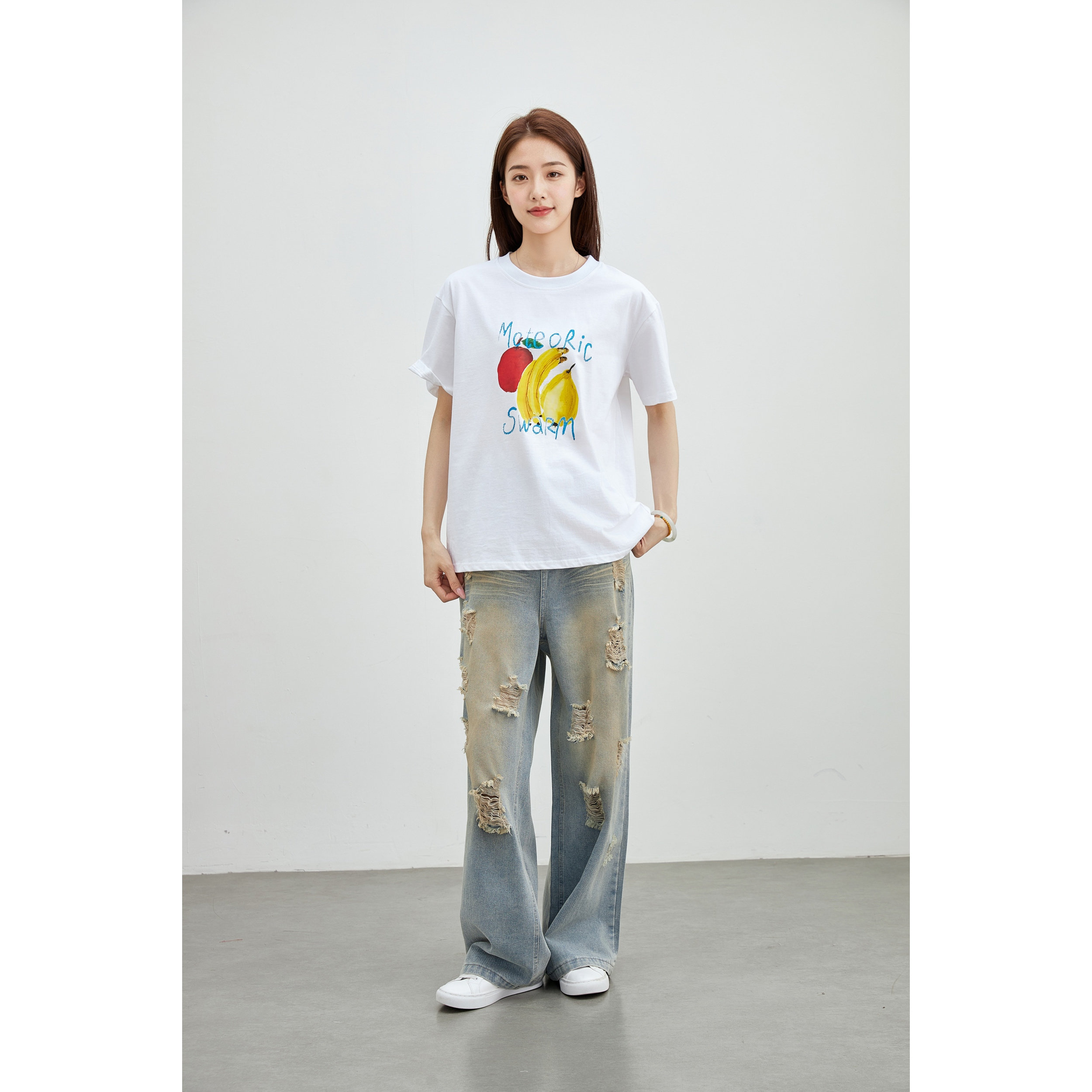 熙鎏Gloryus白色短袖T恤女宽松复古破洞牛仔裤夏季休闲百搭26049