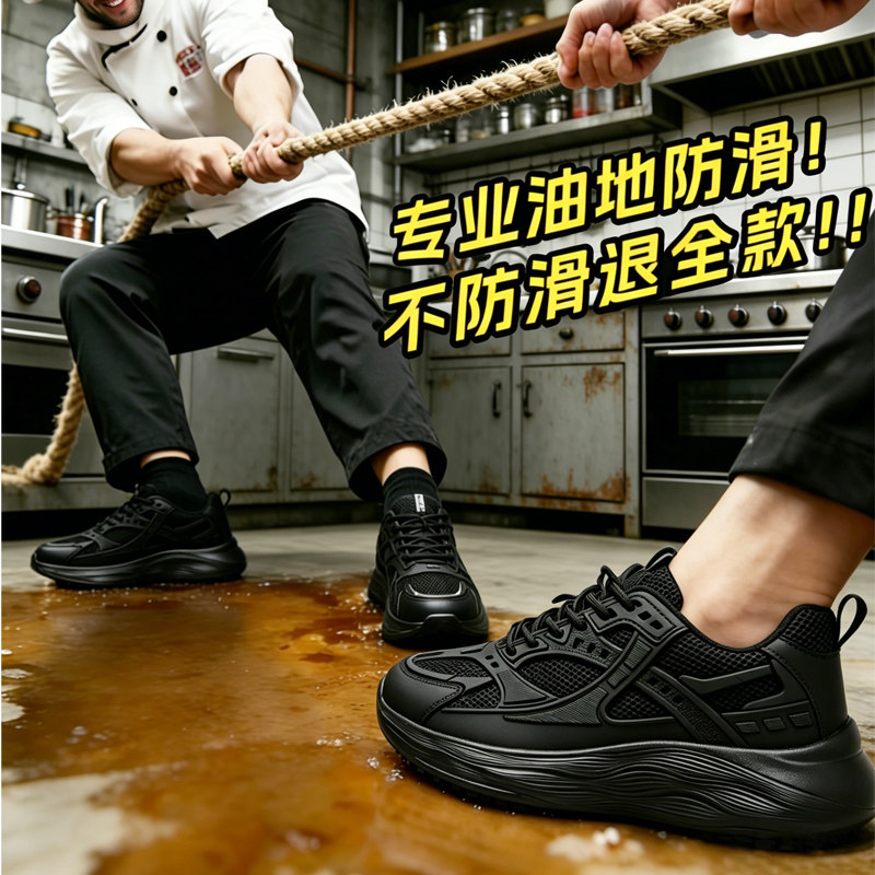 御厨盾2026新款防滑防水防油透气防臭黑色休闲后厨专用餐饮厨师鞋