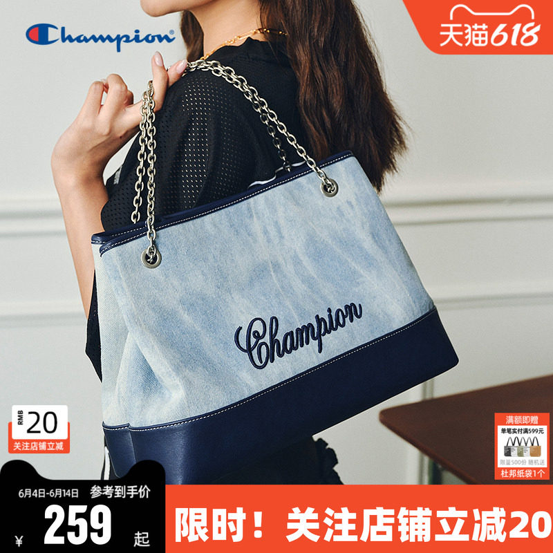 Champion水桶包带链条单肩包通勤学院街头立体造型撞色百搭斜挎包
