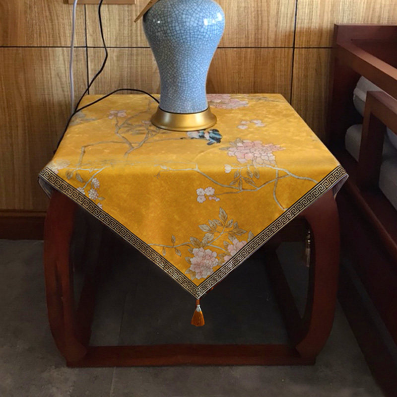 中式花鸟桌布方形冰箱盖布盖布床头柜梳妆台奢华台布罩布艺餐桌布