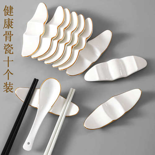 骨瓷筷架10个装筷勺陶瓷公筷筷枕架金边两用托筷子酒店筷筷子双垫