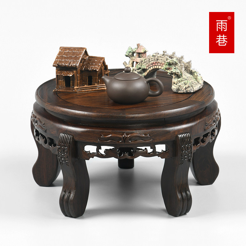 黑檀虎脚雕刻花盆花瓶鱼缸酒缸工艺品奇石圆形摆件托架高脚木底座