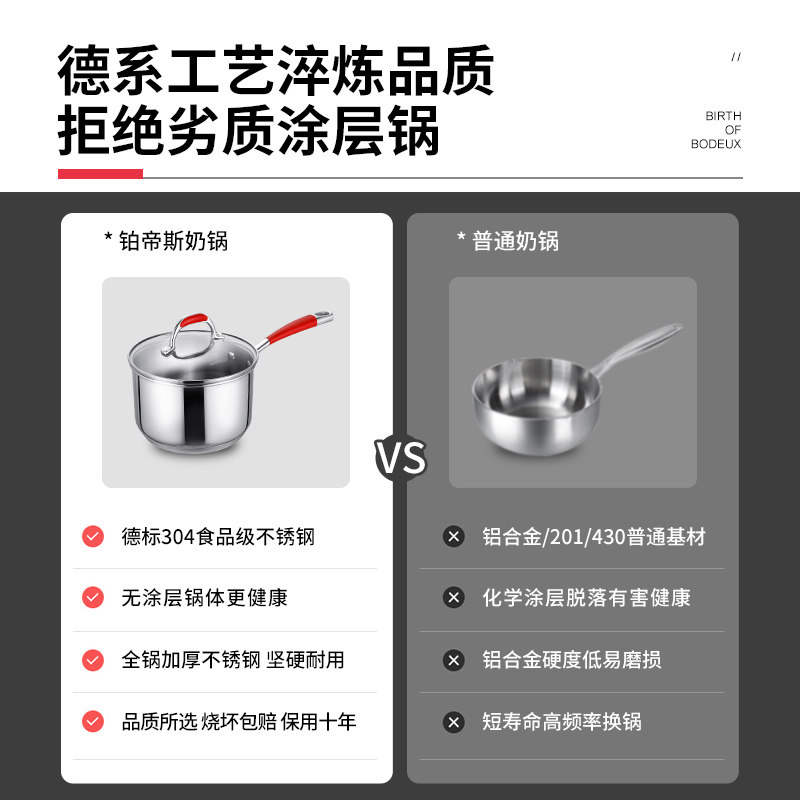 铂帝斯宝宝辅食婴儿电磁炉奶锅燃气通用家用锅不锈钢不粘锅304煮