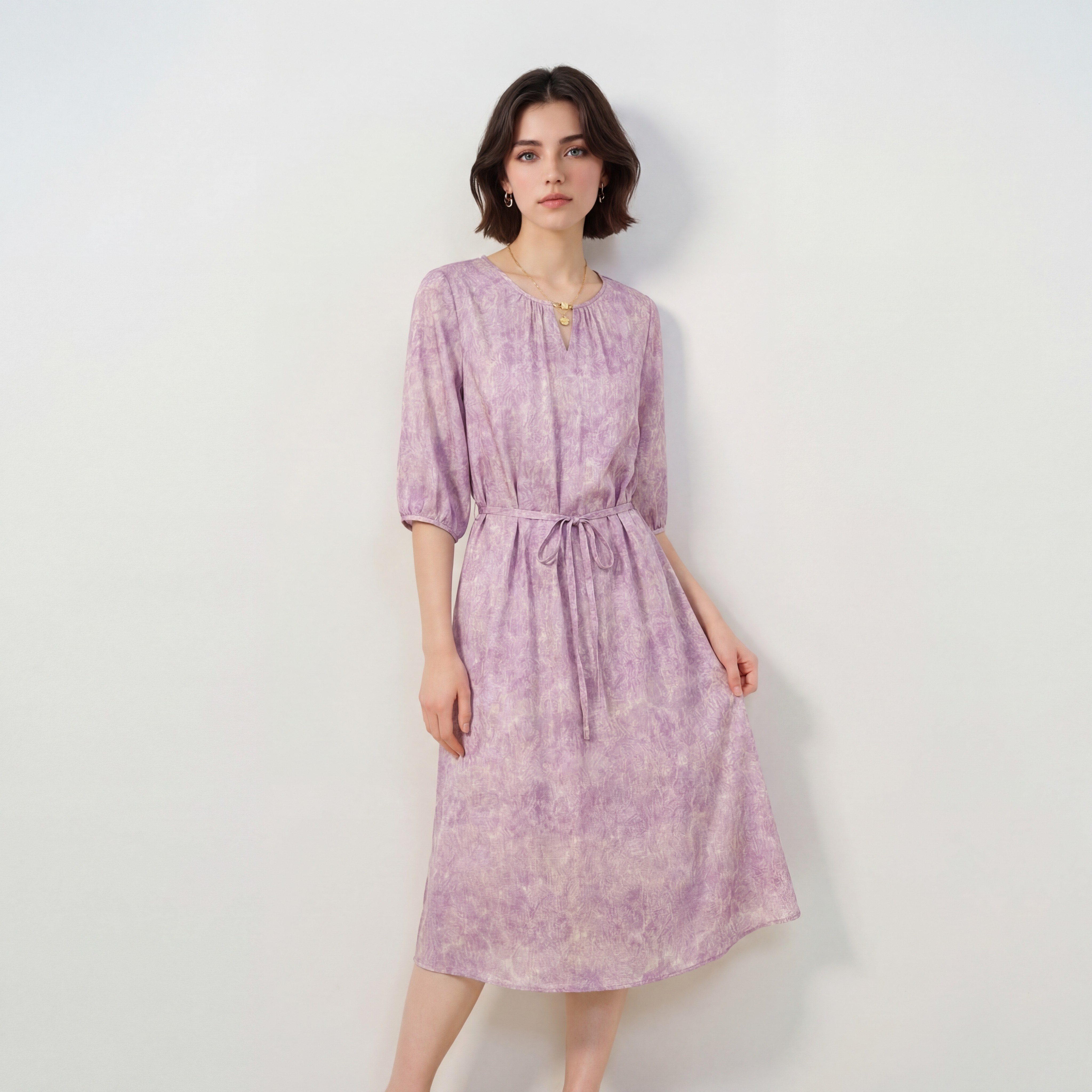 桑蚕丝连衣裙女金丝冠乐绉桑蚕丝桔梗紫琉璃绿收腰显瘦气质中长裙