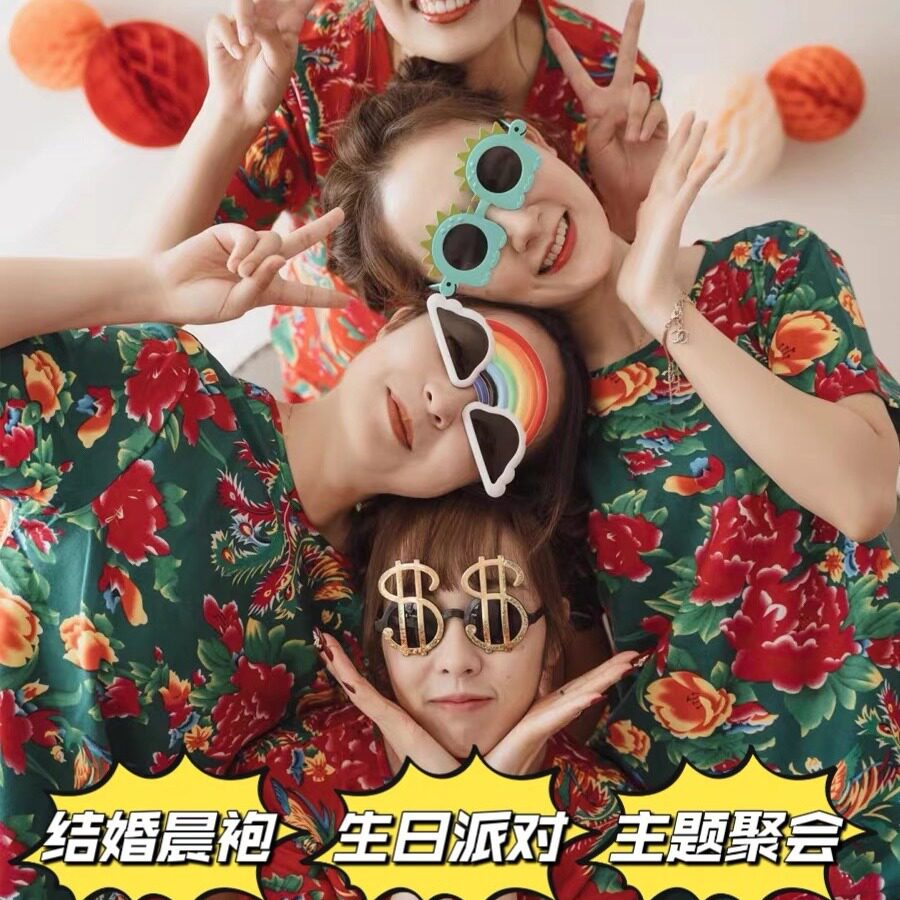 东北大花短袖男女晨袍聚会网红伴娘闺蜜运动年会表演出搞笑套装