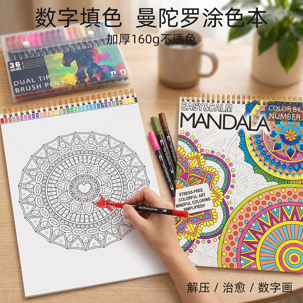 曼陀罗数字涂色书成人填色着色本解压治愈画册儿童马克笔专用套装