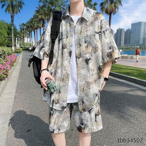 新款水墨冰丝男士短袖短裤套装