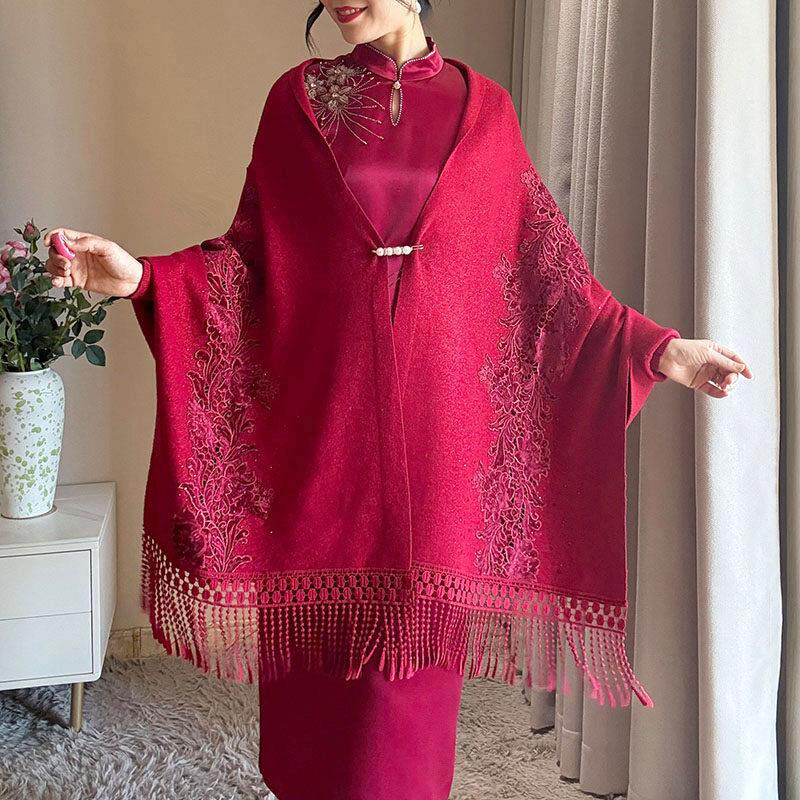 春秋喜妈妈宴婆搭婆婚紫色旗礼服披肩外针织袍绣花斗LSO篷开衫中