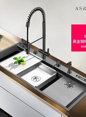 阿萨斯4MM大型黑色纳米加厚30B4不锈钢手工水槽套餐单槽厨房洗菜