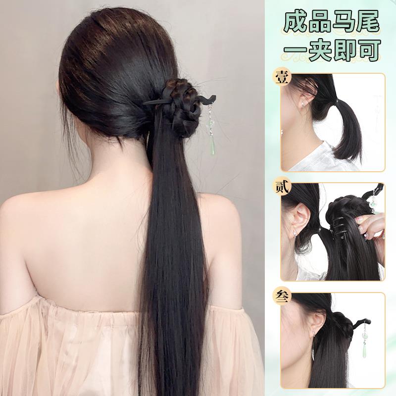 假发辫马尾新中式直发旗袍汉服抓夹侧马尾一体式发簪古风假发辫子