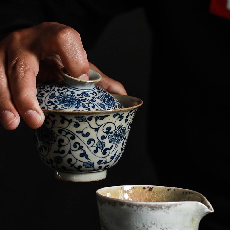 独清 青花缠枝莲三才盖碗 陶瓷景德镇手工带盖碗杯茶具套装泡茶碗
