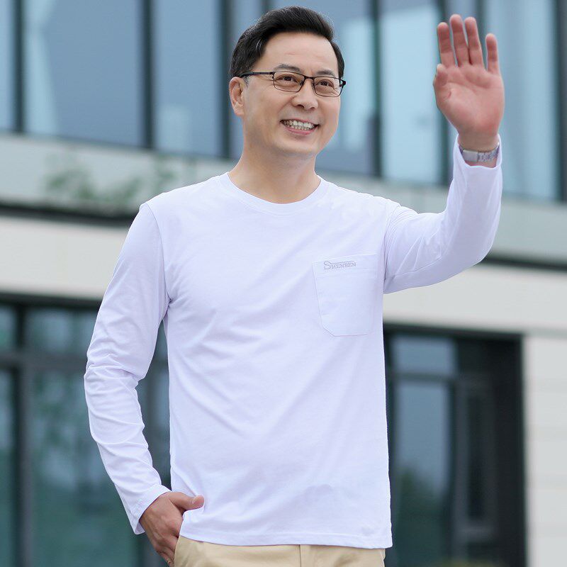 夏季薄款爸爸装长袖T恤纯棉圆领宽松中老年男士上衣爷爷打底衫