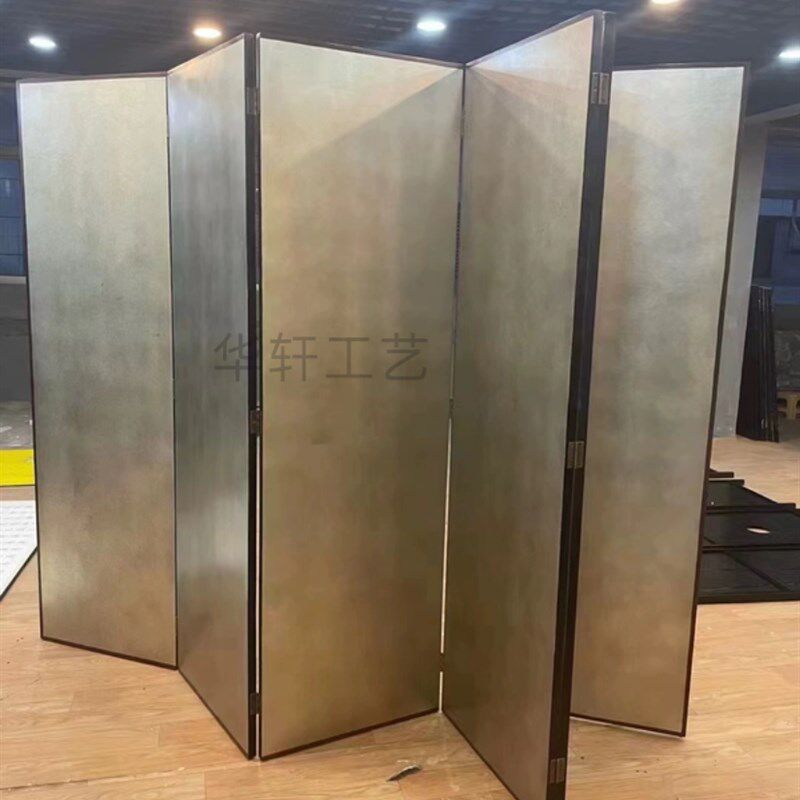 可折叠简约银箔客厅屏风沙发背景墙手绘漆画贴箔工艺日式素面屏风
