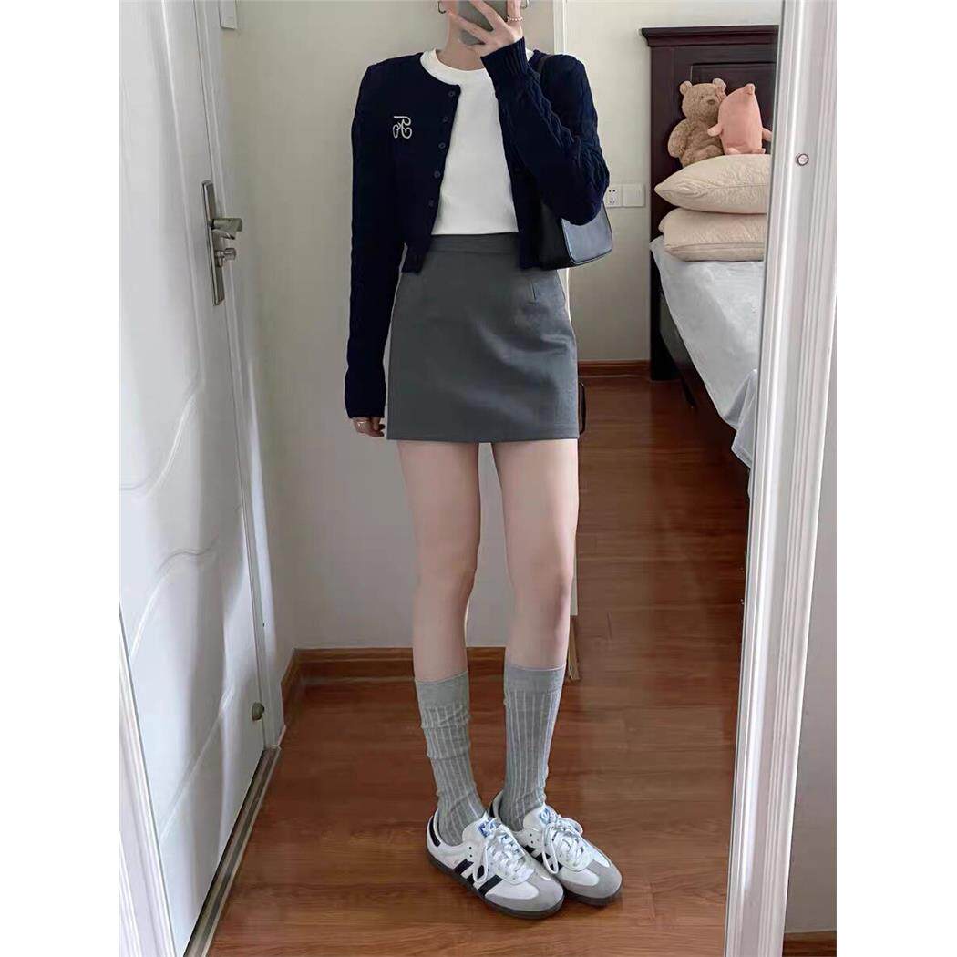 法式气质灰色高腰半身裙女春夏百搭显瘦a字裙遮胯包臀西装短裙子