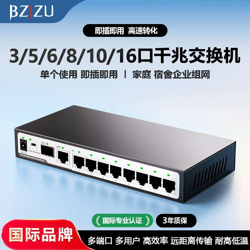 BZIZU 10口千兆商用交换机光纤光电环网导轨式SFP光口4口5口8口10口16口百兆千兆VLAN以太网络多端口交换器