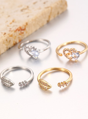 欧美外贸wish创意开口锆石戒指箭头丘比特之箭爱心镶嵌简约指环