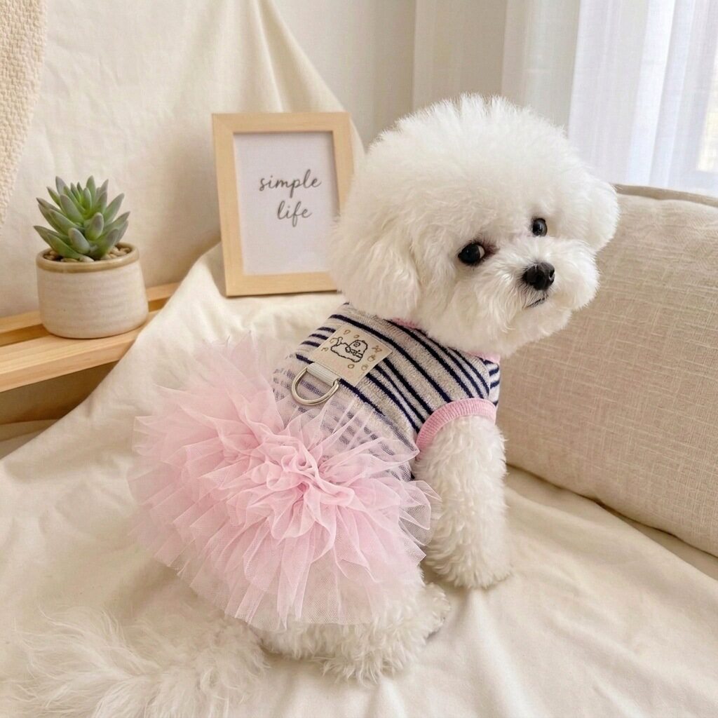 狗狗衣服条纹情侣装公主风蓬蓬裙春夏款比熊博美小型犬可牵引背心图片