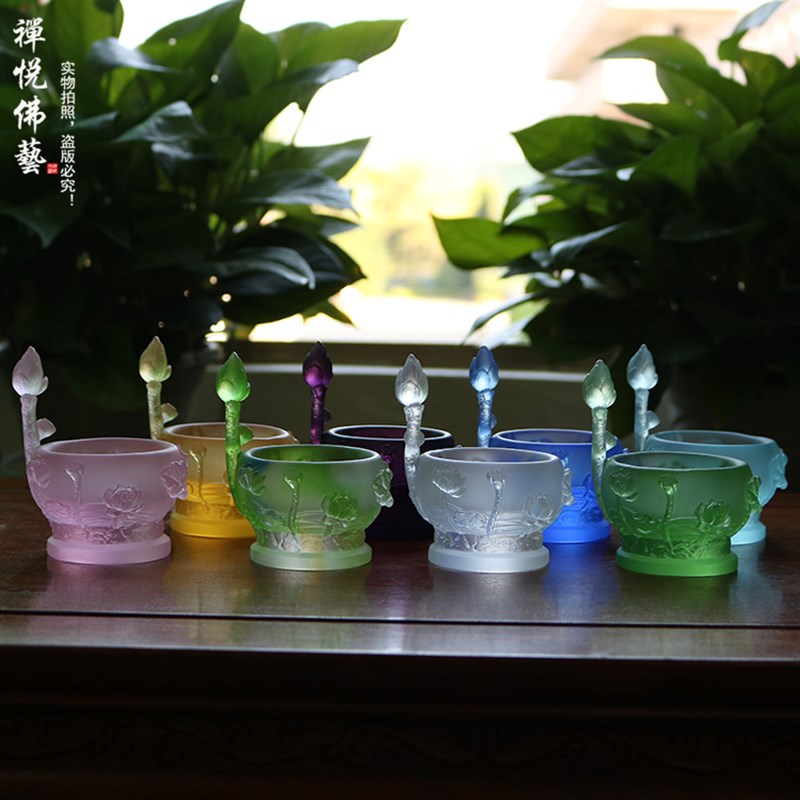 琉璃浮雕莲花烛台 八色可选佛前供灯供具 彩色琉璃烛台配件