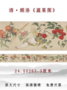 清代顾洛蔬果图国画仿古工笔写意书画长卷高清复制彩色底稿装饰画