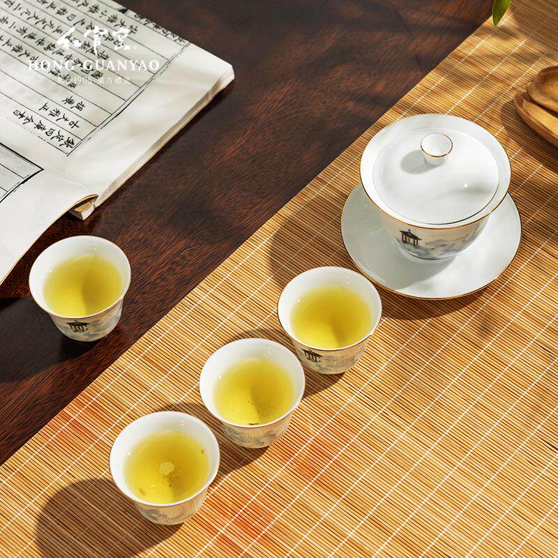 红官窑三才盖碗茶具整套功夫茶杯茶碗套装中式家用茶道礼品 仙居