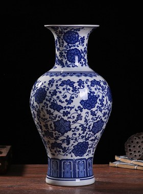 新中式茶室酒店博古架高档复古装饰品青花陶瓷器花瓶插花摆件套装