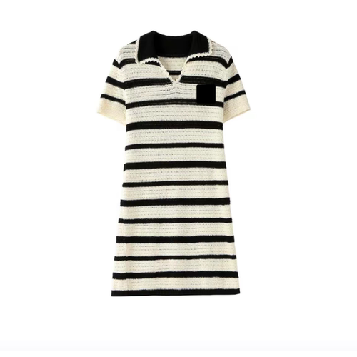 欧 女款条纹针织翻领休闲风自然腰短袖连衣裙-9SC508115F