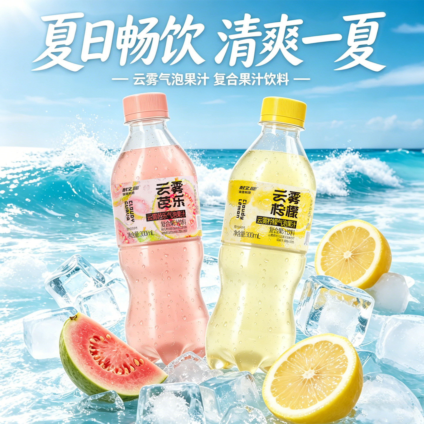 耐立能云雾柠檬红心芭乐气泡水果汁饮料解腻汽水饮品300ml/瓶*5瓶