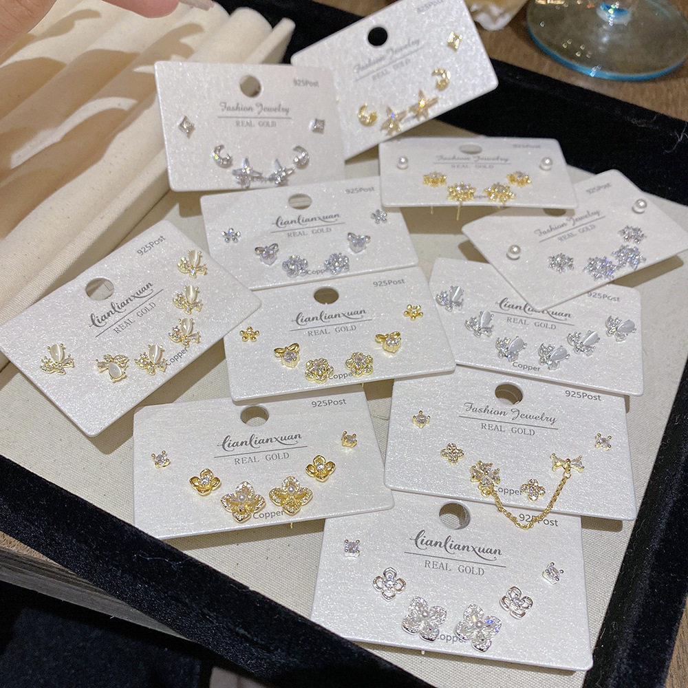 S925银针小巧精致套装耳钉新款耳环轻奢高级感三对超闪锆石耳饰女