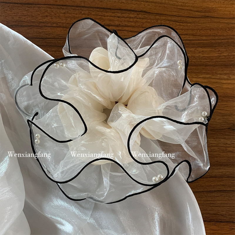 蓝色网纱珍珠大肠发圈女欧根纱高级感温柔发绳扎头发超大头饰发饰
