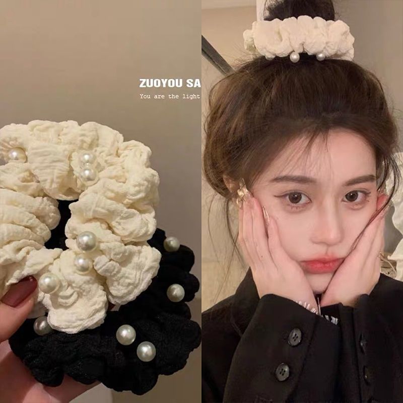 珍珠褶皱布艺大肠发圈女网红法式复古皮筋女扎头发绳简约百搭发饰