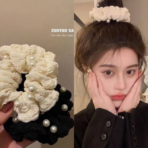珍珠褶皱布艺大肠发圈女网红法式复古皮筋女扎头发绳简约百搭发饰