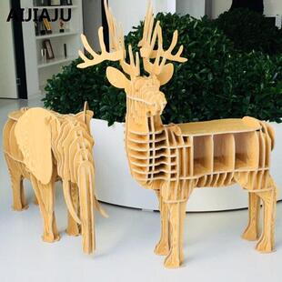 公鹿书架回首鹿法国麋鹿置物架边几玄关桌个性木家具动物创意边桌