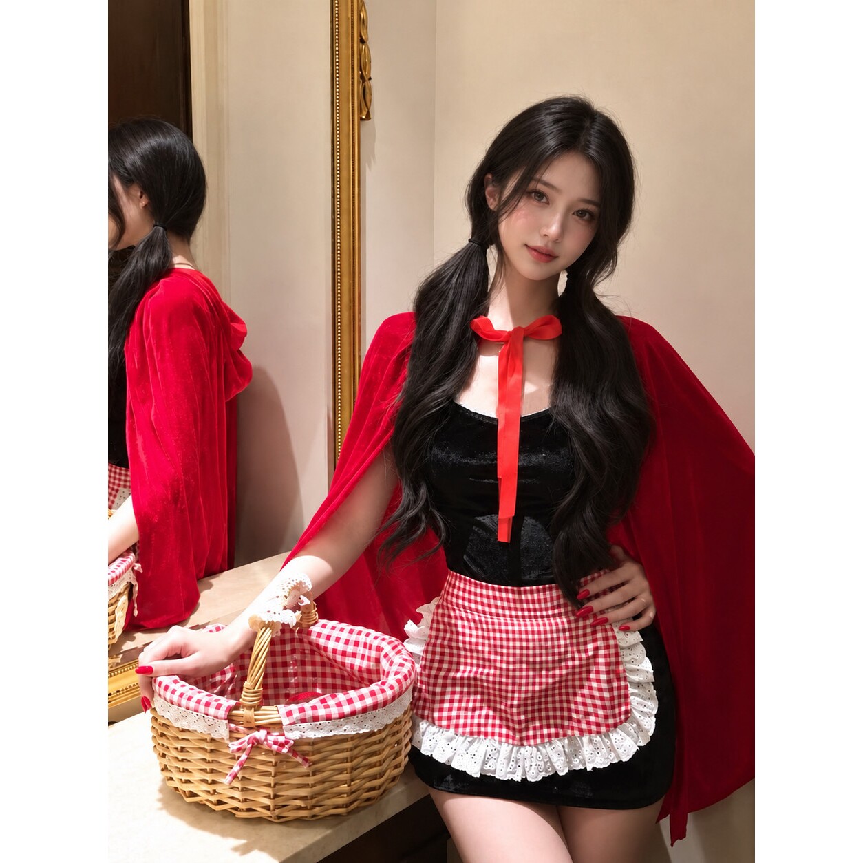 小红帽cos服装斗篷丝绒系带披肩短裙篮子拍照道具套装圣诞穿搭女
