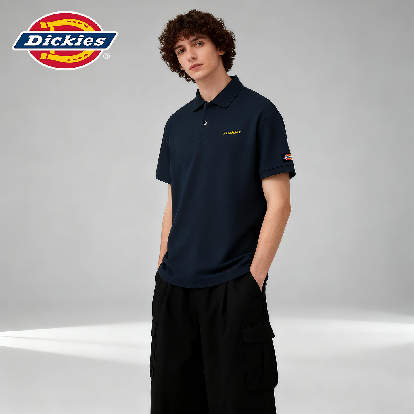 Dickies夏季凉感短袖POLO衫男翻领休闲通勤宽松藏青色印花上衣潮