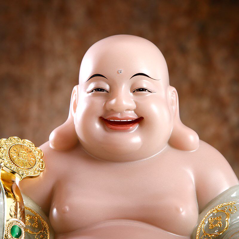 汉白玉弥勒佛菩萨大肚笑佛招财摆件翠H玉镶金圆满笑佛佛像佛堂供