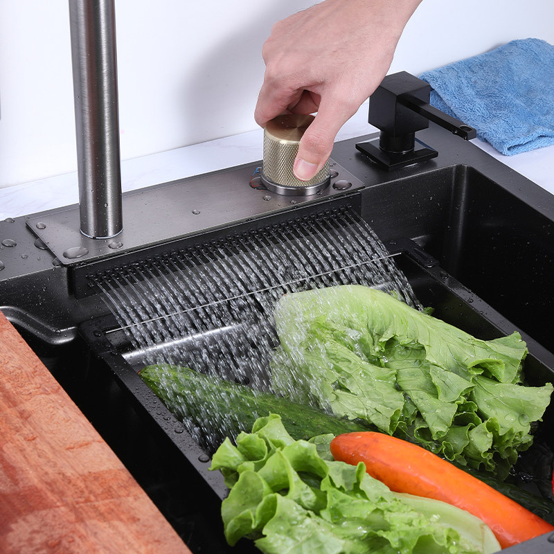 厨房洗菜池台中盆菜大瀑布飞雨单槽纳米304盆水槽台上家用不锈钢