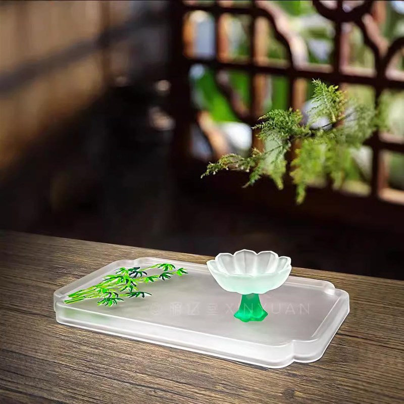 梅花琉璃壶承磨砂中式复古精致茶杯长方玻璃茶盘干泡台托盘沥水盘