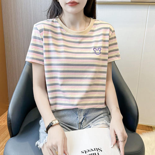 2026夏 条纹短袖T恤女 圆领纯棉宽松显瘦百搭半袖上衣 