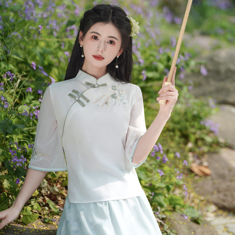 新中式日常汉服套装裙女夏季年轻款国风唐装改良旗袍上衣禅意茶服