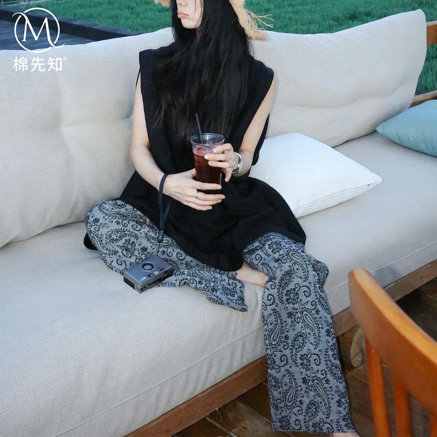 棉绸裤子女夏季薄款宽松休闲居家裤复古印花阔腿裤慵懒风遛弯长裤