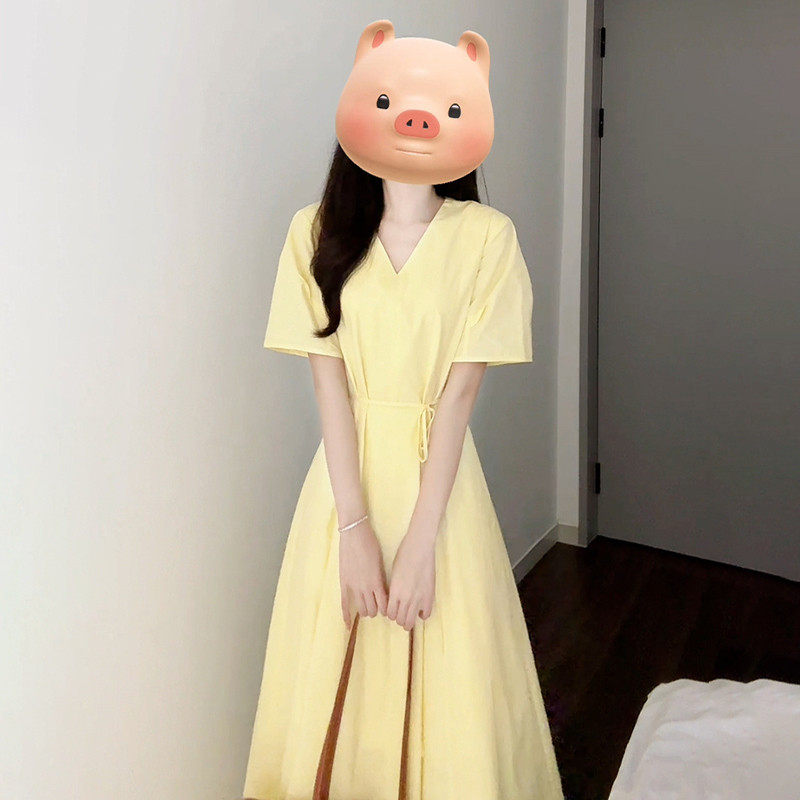 法式黄色v领短袖连衣裙子
