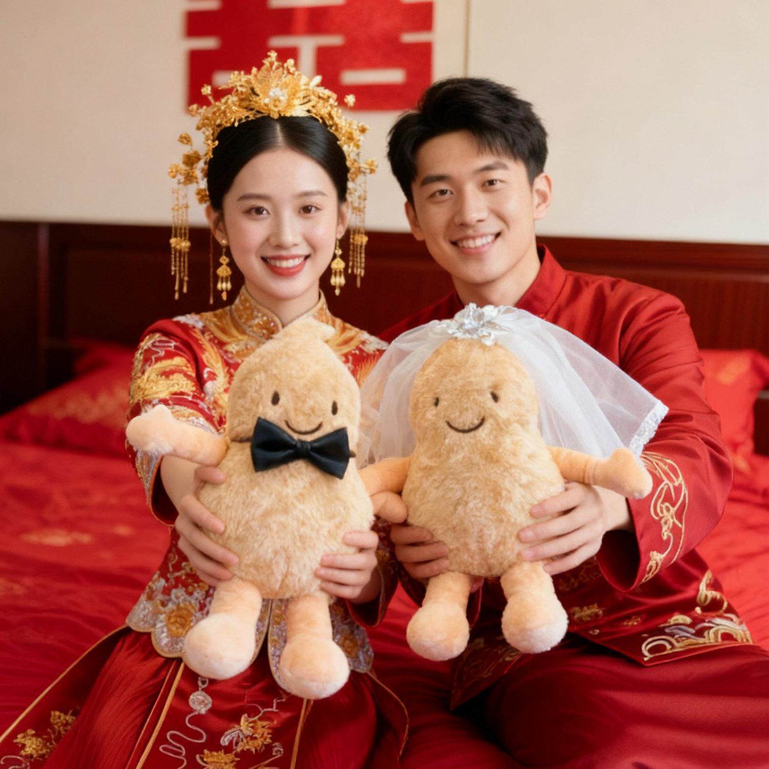 糊涂娘抱结婚压对床娃娃一婚庆公仔新款高档花生玩偶枕新婚EUY娘